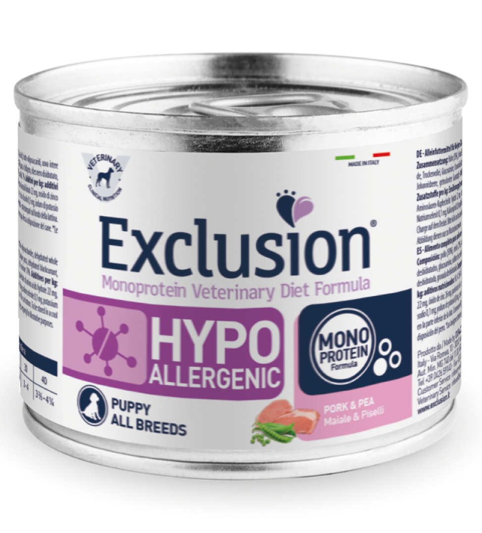Exclusion - Veterinary Diet Canine - Hypoallergenic - Puppy - Maiale e Piselli - 200gr Exclusion - Veterinary Diet Canine - Hypoallergenic - Puppy - Maiale e Piselli - 200gr